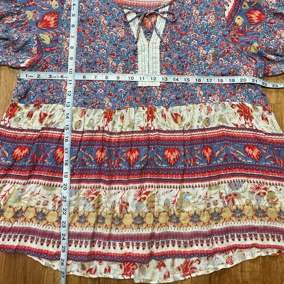 Floral Patchwork Women's Top Loose Boho Short flutter Sleeve Shirts Blouse - Picture 6 of 8